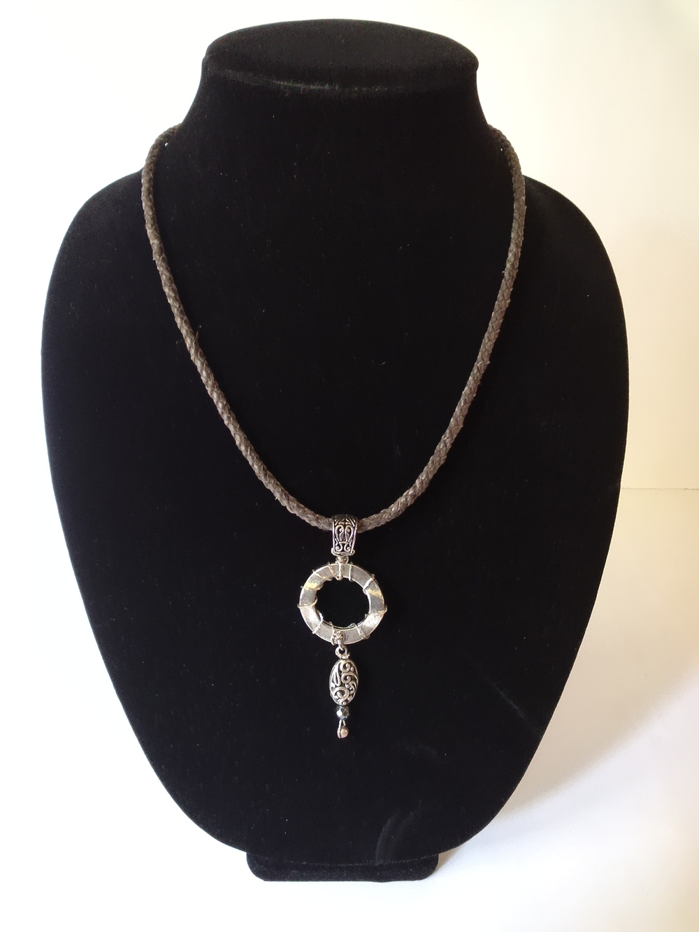 Handmade Dark Gray Braided Cord Necklace with Silver Circle Pendant